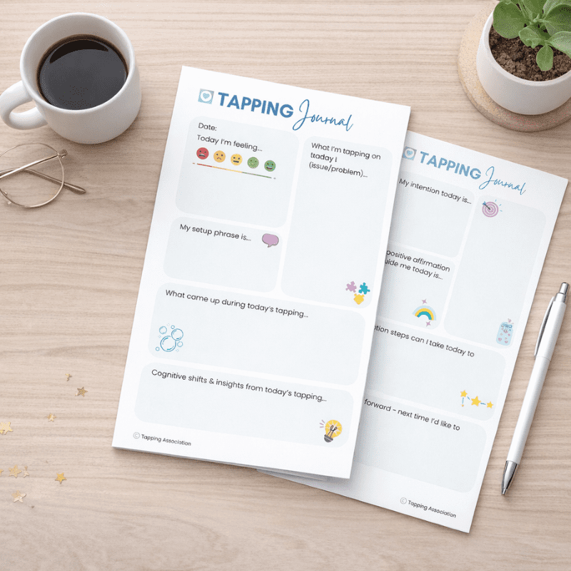 Two “Daily EFT Tapping Journal Sheets (A4 Printable)” with prompts and blank sections are placed on a wooden desk alongside a coffee cup, pen, and potted plant.