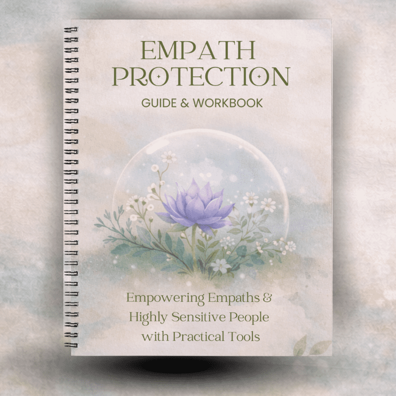 Spiral-bound "Empath Protection Guide & Workbook – Boundaries & Self-Care for Empaths & HSPs" with a floral cover, offering empowering tools and guidance for empaths and highly sensitive people.
