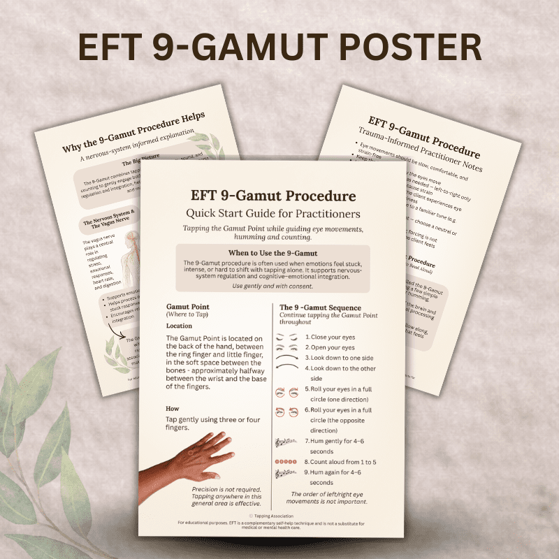 The "EFT 9-Gamut Procedure – Practitioner Quick-Start Poster (Printable PDF)" explains the 9-Gamut tapping steps, benefits, and trauma-informed notes in an easy reference for practitioners.