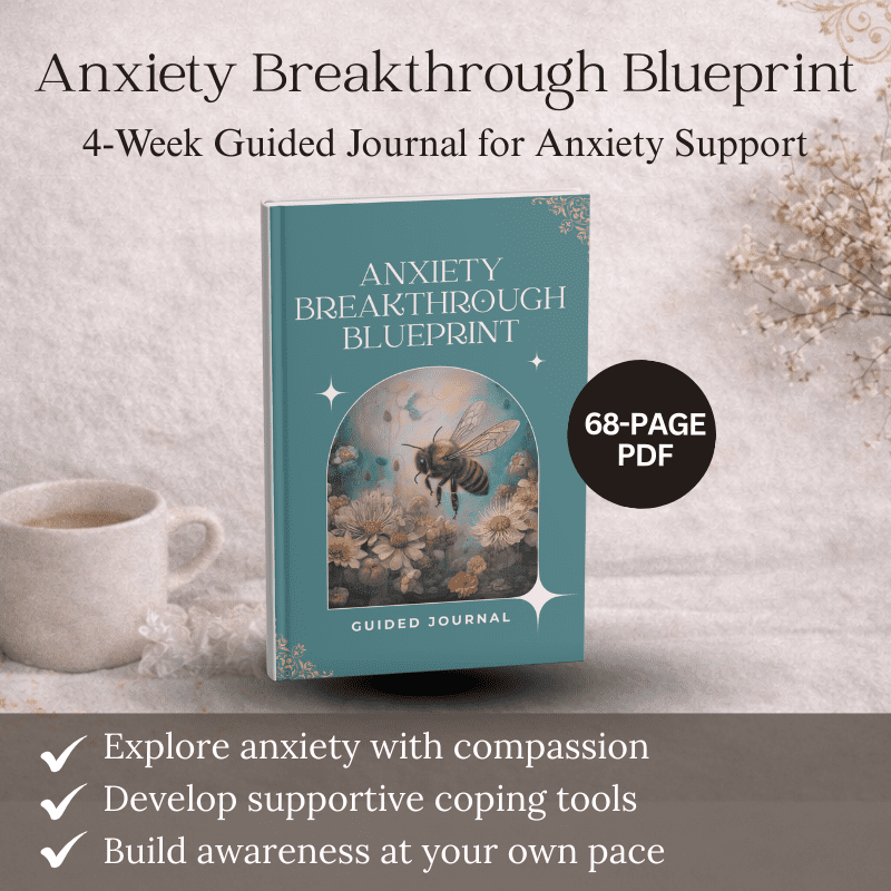 The "Anxiety Breakthrough Blueprint – 4-Week Guided Journal for Anxiety Support" is a 68-page journal designed to help manage anxiety and boost self-awareness, shown on a table with a coffee cup and flowers.