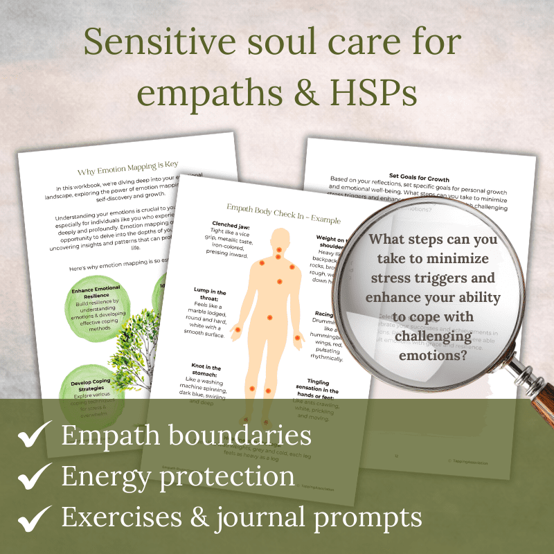 The "Empath Protection Guide & Workbook – Boundaries & Self-Care for Empaths & HSPs" features three handouts with tips on emotion mapping, energy protection, and handling tough emotions, plus a magnifying glass highlighting a question.