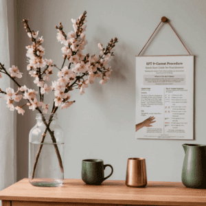 A glass jar with cherry blossom branches, three cups, and the "EFT 9-Gamut Procedure – Practitioner Quick-Start Poster (Printable PDF)" on a wooden table against a light gray wall.