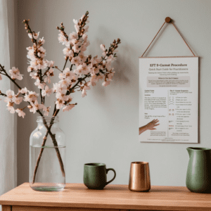 A glass jar with cherry blossom branches, three cups, and the "EFT 9-Gamut Procedure – Practitioner Quick-Start Poster (Printable PDF)" on a wooden table against a light gray wall.