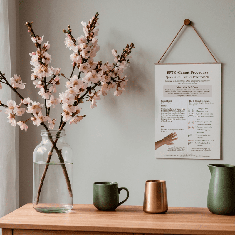 A glass jar with cherry blossom branches, three cups, and the "EFT 9-Gamut Procedure – Practitioner Quick-Start Poster (Printable PDF)" on a wooden table against a light gray wall.