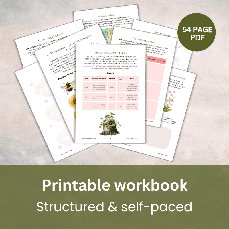 Preview the 54-page Empath Protection Guide & Workbook—Boundaries & Self-Care for Empaths & HSPs. Features structured, self-paced activities, charts, illustrations, and guided exercises on pastel-colored sheets in a printable PDF.