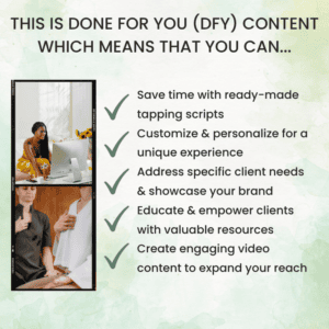Three images of people interacting appear next to a checklist highlighting the benefits of the 60 EFT Tapping Scripts Bundle for anxiety, weight loss, stress, and sleep—including saving time and engaging clients with ready-made content.