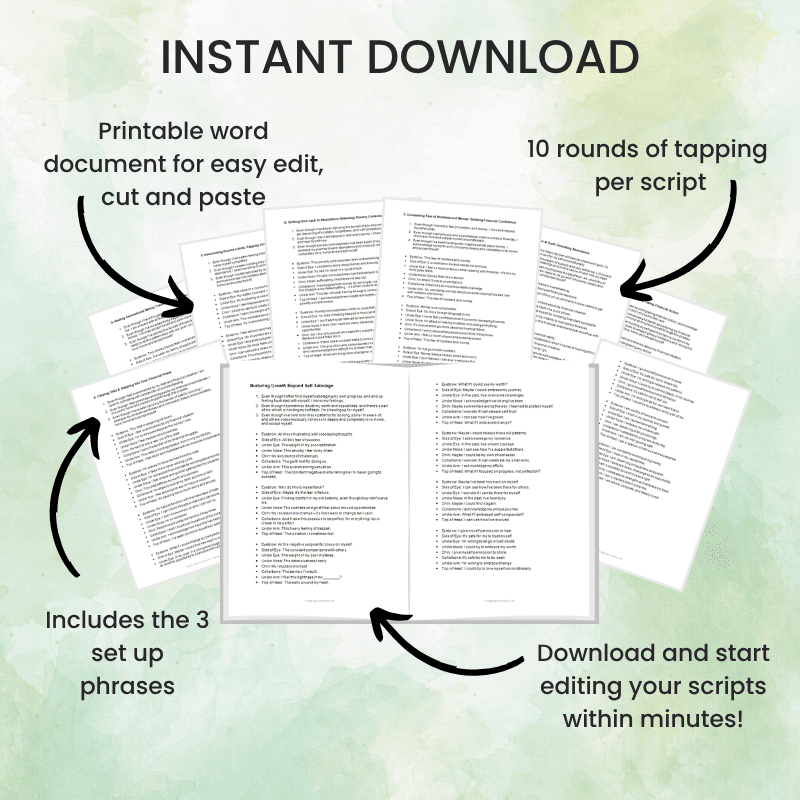Image displays the 60 EFT Tapping Scripts Bundle for anxiety, weight loss, stress, and sleep, featuring easy editing, 10 tapping rounds per script, setup phrases, and instant download.