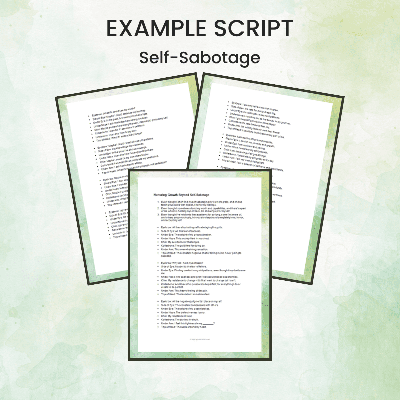 Three pages from the "60 EFT Tapping Scripts Bundle - Anxiety, Weight Loss, Stress, Sleep" are shown on a light green watercolor background with the heading "EXAMPLE SCRIPT Self-Sabotage" above them.