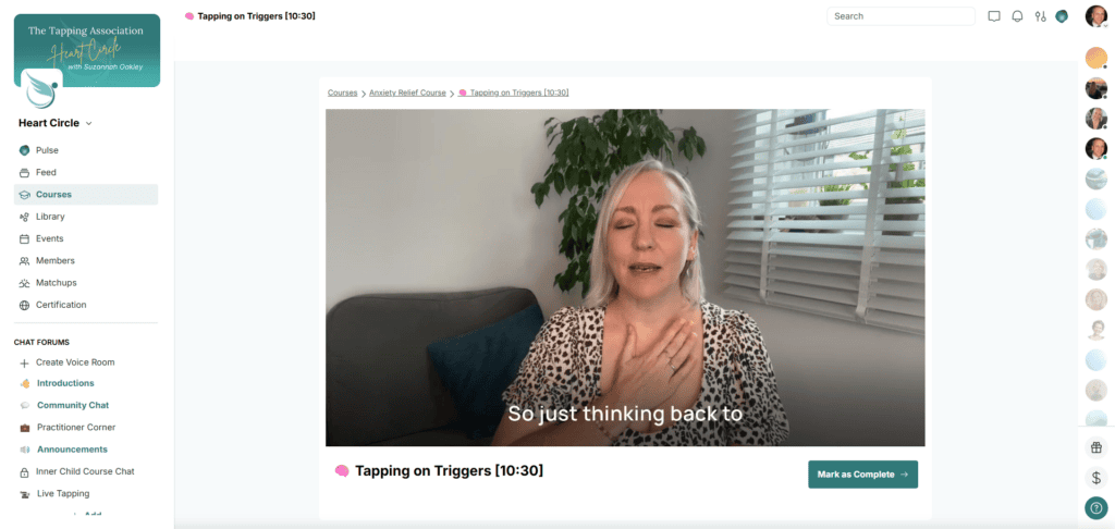 A woman speaking in a video lesson titled “Tapping on Triggers” from The Tapping Association Heart Circle course platform.