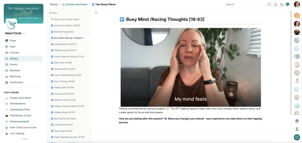 A video on The Tapping Association website titled “Busy Mind /Racing Thoughts,” featuring a woman demonstrating an EFT tapping technique on her temples.