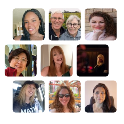 A grid of nine headshots featuring diverse individual women and one couple.